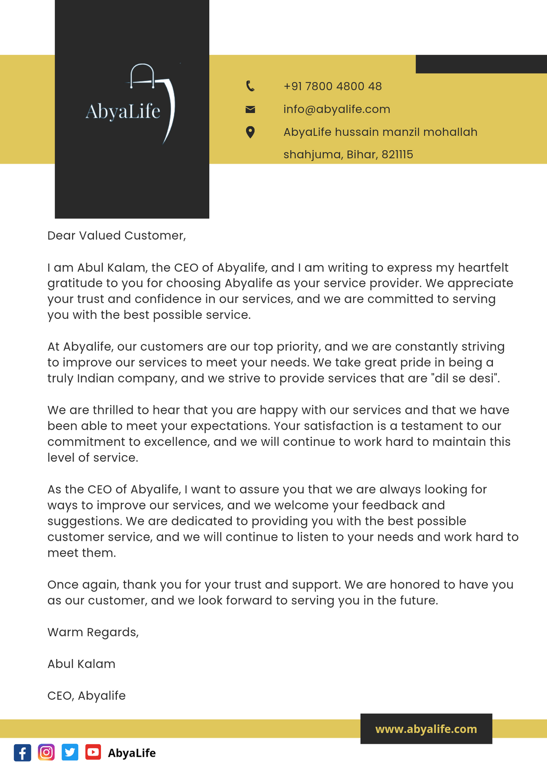 Thank you letter to AbyaLife Customer - AbyaLife