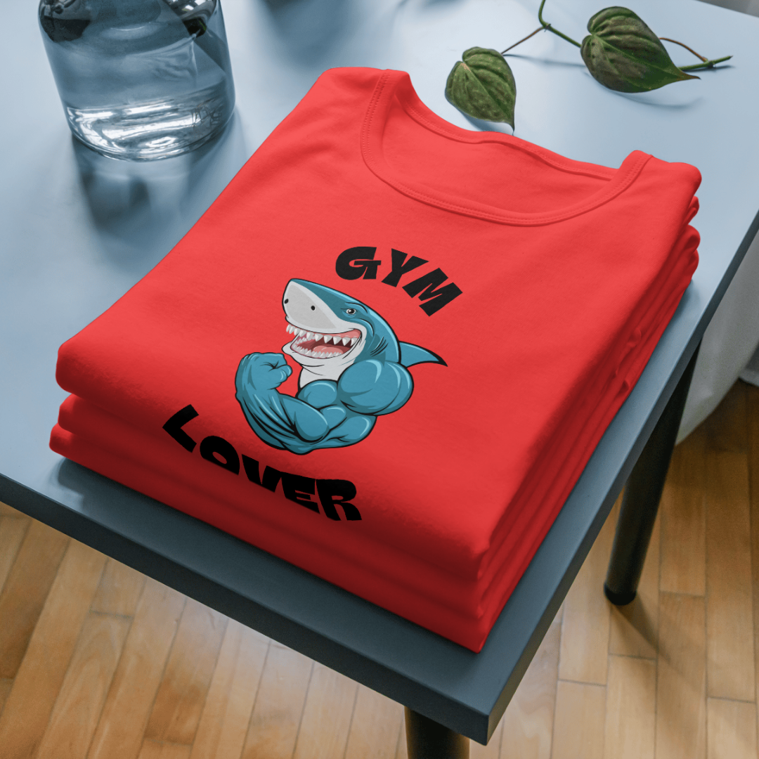 Blue Illustrated Shark Gym Lover T-Shirt: Unique Fitness Apparel