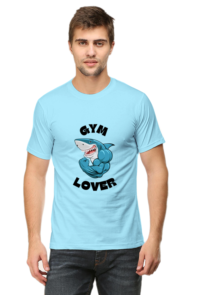 Blue Illustrated Shark Gym Lover T-Shirt: Unique Fitness Apparel