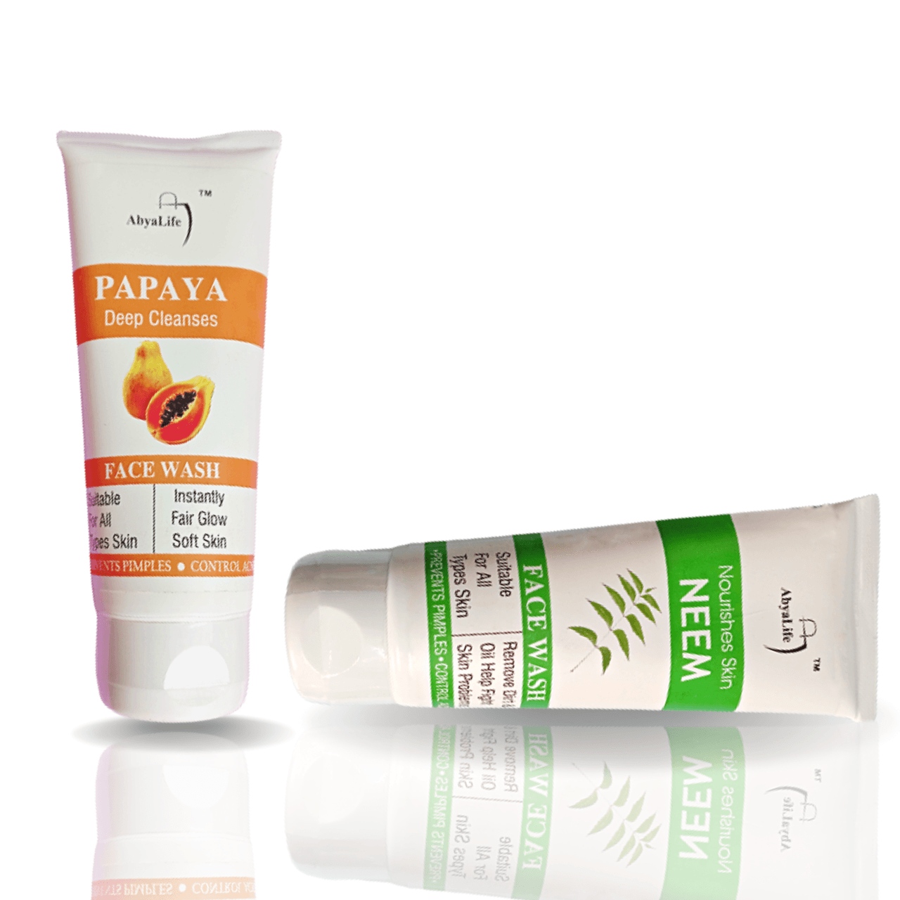 Time to unleash your inner radiance!  The AbyaLife Papaya & Neem Facewash Combo is your key to an exfoliating, purifying, and glowing transformation. Papaya enzymes gently remove dead skin cells, revealing a brighter complexion. Neem's antibacterial magic fights blemishes and nourishes deeply, leaving your skin feeling refreshed and radiant. Discover the power of nature's cleansing duo and let your natural confidence shine! #ayurvedaskincare #abyalife #brightenskin